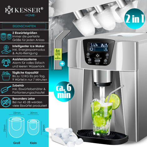 Machine à Glaçons Tillvex Inox 12kg/24h - Réservoir 2.2L - 3 Tailles De Glaçons - Nettoyage Auto Et Écran LED