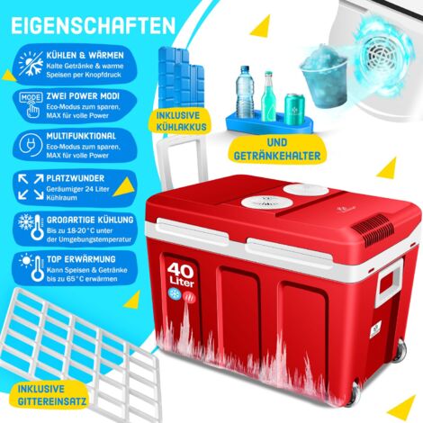 KESSER® Glacière à roulettes 40L  pour garder au chaud et refroidir  Glacière thermoélectrique  12 Volts et 230 Volts Mini-réfrigérateur  Thermobox pour voiture 40L / Rouge
