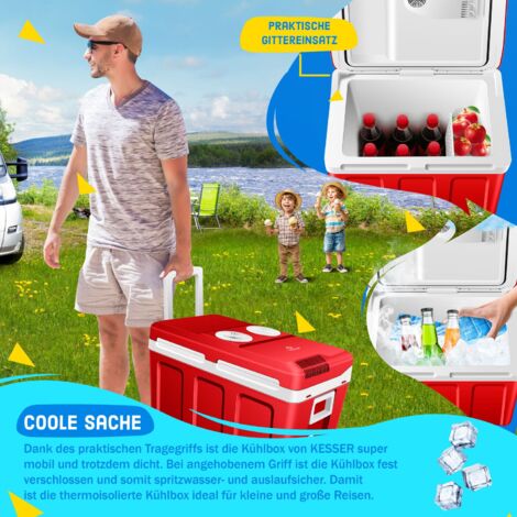 KESSER® Glacière à roulettes 40L  pour garder au chaud et refroidir  Glacière thermoélectrique  12 Volts et 230 Volts Mini-réfrigérateur  Thermobox pour voiture 40L / Rouge