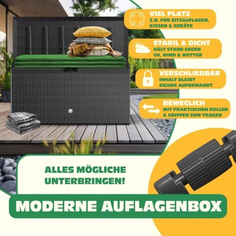 KESSER® Coffre à coussins aspect rotin Coffre à coussins 290 litres avec roulettes couvercle rabattable poignées aspect rotin Coffre de jardin résistant aux intempéries Caisse de rangement de jardin  