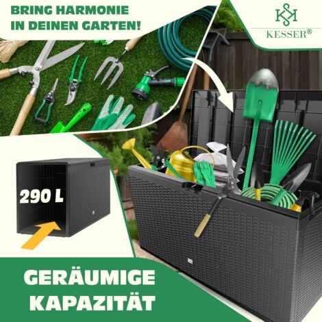 KESSER® Coffre à coussins aspect rotin Coffre à coussins 290 litres avec roulettes couvercle rabattable poignées aspect rotin Coffre de jardin résistant aux intempéries Caisse de rangement de jardin  