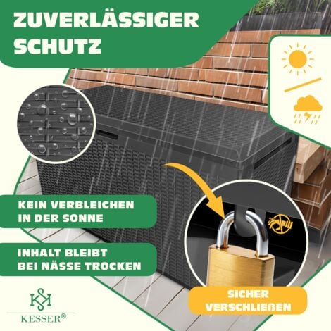 KESSER® Coffre à coussins aspect rotin Coffre à coussins 290 litres avec roulettes couvercle rabattable poignées aspect rotin Coffre de jardin résistant aux intempéries Caisse de rangement de jardin  