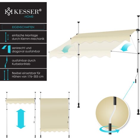 KESSER® Store à pince avec manivelle balcon  Store balcon sans percer  UV-résistant réglable en hauteur hydrofuge  Protection solaire  Abri de terrasse  Beige / 350cm