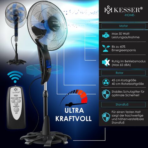 KESSER® Ventilateur sur pied avec télécommande et affichage LED Minuterie noir oscillation silencieuse à 80 degrés 60 Watt Ventilateur à hauteur réglable entre 115 et 134 cm 