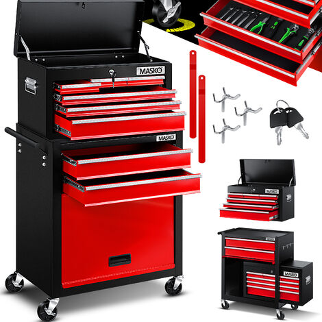 HOMCOM Boite à outils métallique coffret à outils caisse à outils 4 tiroirs  + plateau tôle acier rouge noir pas cher 