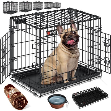 LOVPET® Cage pour chien pliable Cage de transport pour chien avec couverture polaire + gamelle Cage pour chien avec 2 portes Cage de transport pour voiture  Cage de transport pour animaux Cage de tran