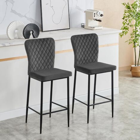 Jymtom – Lot de 2 tabourets de bar en velours gris – Dossier ergonomique – Assise rembourrée – Structure métallique stable – Hauteur d'assise 67.5 cm