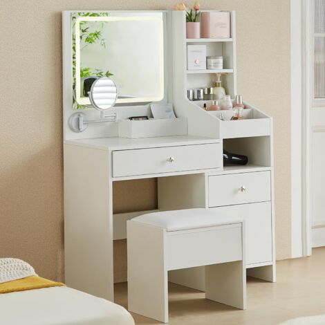 JYMTOM Coiffeuse avec miroir, lumières LED, design léger et peu encombrant, coiffeuse avec tabouret et 2 tiroirs (130 x 87 x 36 cm), blanc
