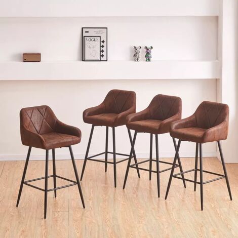 Jymtom – Ensemble de 4 tabourets de bar réglables en similicuir marron – Dossier, accoudoirs, repose-pieds – Hauteur d'assise 71.5 cm – Pour cuisine, salon, bar