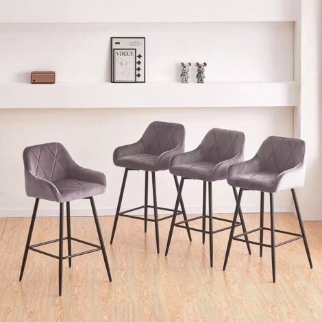 Jymtom – Ensemble de 4 tabourets de bar en velours gris – Hauteur d'assise 71.5 cm – Accoudoirs et repose-pieds réglables – Pour cuisine, salon, bar