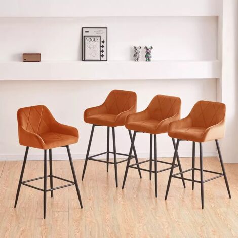 Jymtom – Ensemble de 4 tabourets de bar en velours orange – Hauteur d'assise 71.5 cm – Accoudoirs et repose-pieds réglables – Pour cuisine, salon, bar