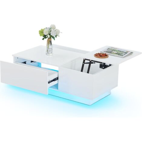 JYMTOM RGB LED White Gloss Modern Table basse - Élégant et pratique, casier dissimulé avec couverture pliante pour le salon