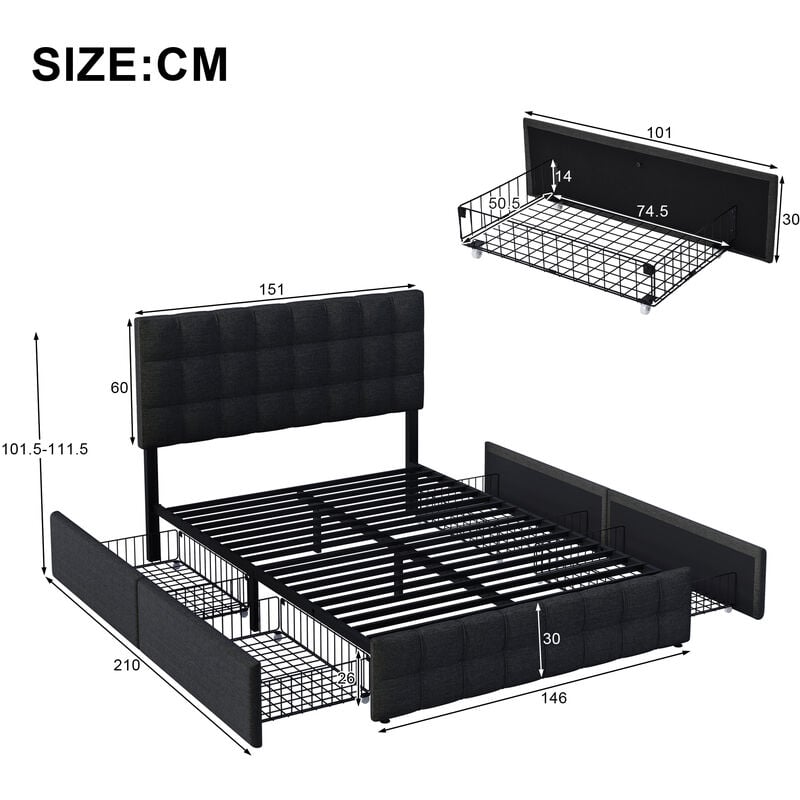 KOMHTOM Lit 2 Personnes avec Sommier à Lattes, Lit LED avec 4 Tiroirs de  Rangement, Cadre de Lit Plateforme, pour Adultes, Adolescents(sans Matelas)  (140x200cm) : : Cuisine et Maison