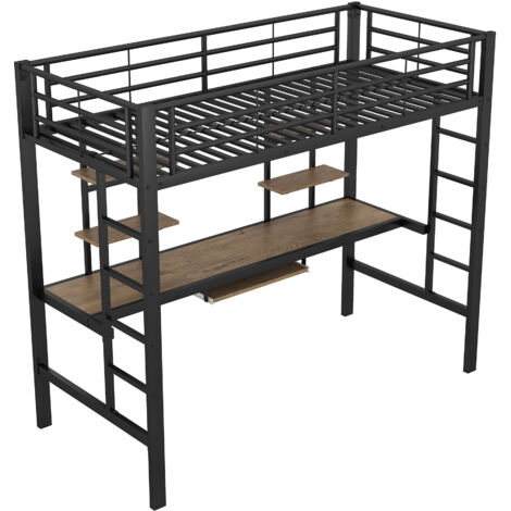 Lit Mezzanine Sapgaks Avec Bureau Et Étagères - 140x200 Cm | Métal Et MDF | Pour Enfant/Ado | Noir