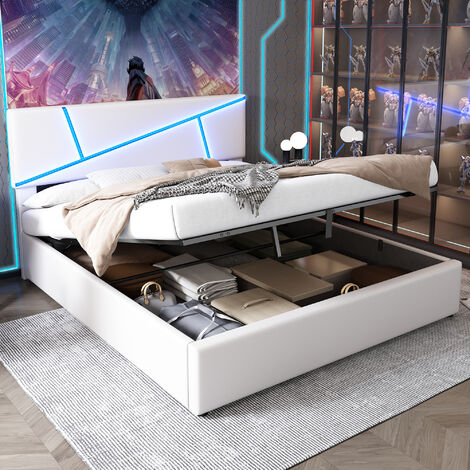 Cadre De Lit Double 160x200cm Avec LED Et Tiroirs - USB, Prise, Type-C - Sommier Inclus