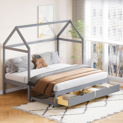 Lit Enfant 90x200 Cm En Forme De Maison Avec Tiroirs | Porte De Sécurité, Lumière LED, Ports USB/Type-C | Bois Massif, Capacité 120kg