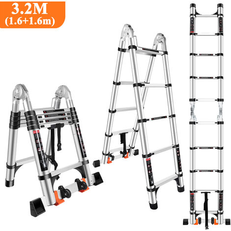 3,2M Échelle Télescopique en Aluminium Pliante avec 2 Roulettes (1,6M + 1,6M) Échelle Escamotable Multifonction Bricolage Pliable Charge 150KG Noir Argenté