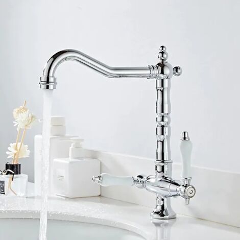 Robinet de Cuisine Chrome Mitigeur Chaud et Froid à Poignée à 360° Robinet de Lavabo en Laiton avec Deux Poignées (1/5)