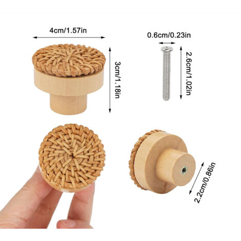 8 Poignées De Tiroir En Rotin Bohème - Diamètre 40 Mm, Hauteur 30 Mm - Boutons En Bois Et Rotin Tissé à La Main - Déco Rustique Pour Commode, Armoire - 6