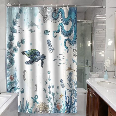 Rideau De Douche 180x180cm Chat Océan Imprimé - Imperméable Polyester Avec 12 Crochets - HomeStilez