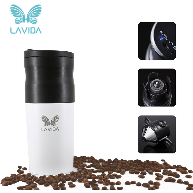 LAVIDA Cafetera eléctrica Taza de molinillo de café portátil Café instantáneo Mini Molinillo integrado Taza de café para viajeros Negocios Camping 1200mAh Taza de vacío de acero inoxidable de larga duración, Blanco