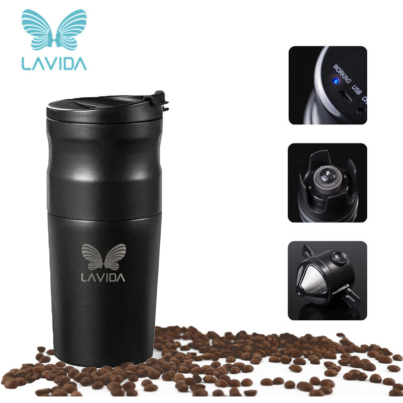 LAVIDA Cafetera eléctrica Taza de molinillo de café portátil Café instantáneo Mini Molinillo integrado Taza de café para viajeros Negocios Camping 1200mAh Taza de vacío de acero inoxidable de larga duración, Negro