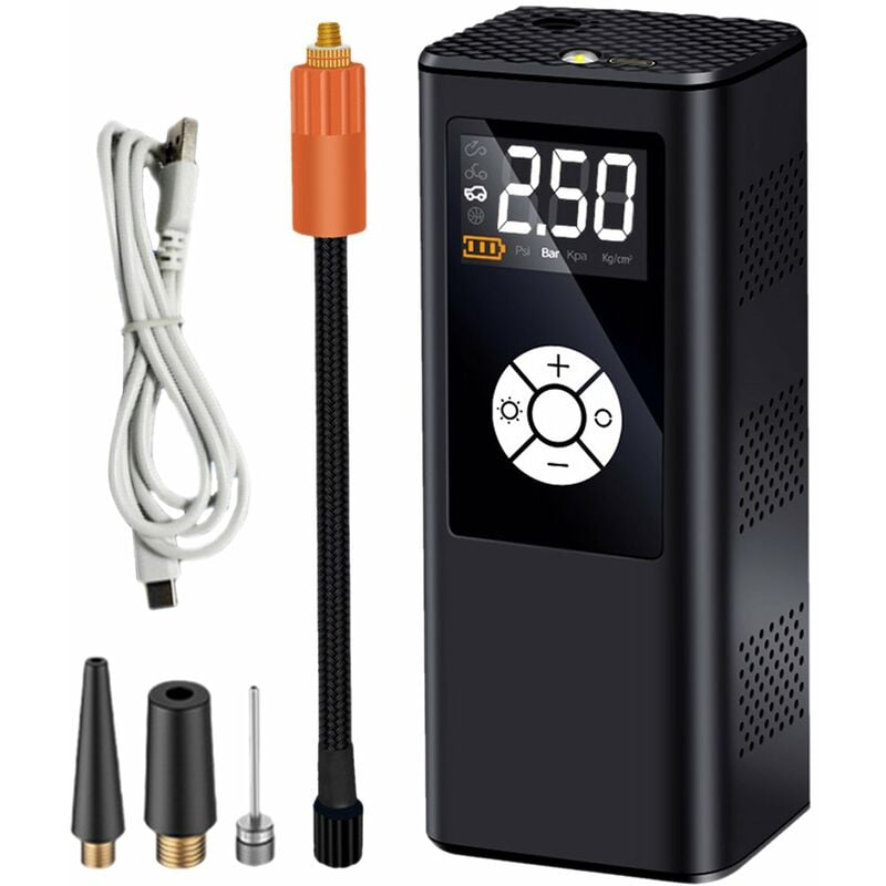 Compresor de aire portátil de 120 PSI, mini inflador de neumáticos, pantalla LCD, bomba eléctrica para bicicleta con batería recargable de 4000 mAh, luz LED para coche, bicicleta, motocicleta, bolas, anillo de natación (negro)