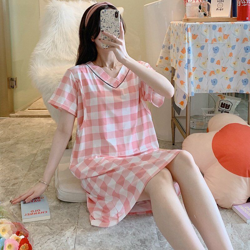 Nuevo camisón de lactancia de verano de manga corta vestido de posparto verano de las mujeres sección delgada ropa de confinamiento pijamas de mujeres embarazadas 228 rosa M