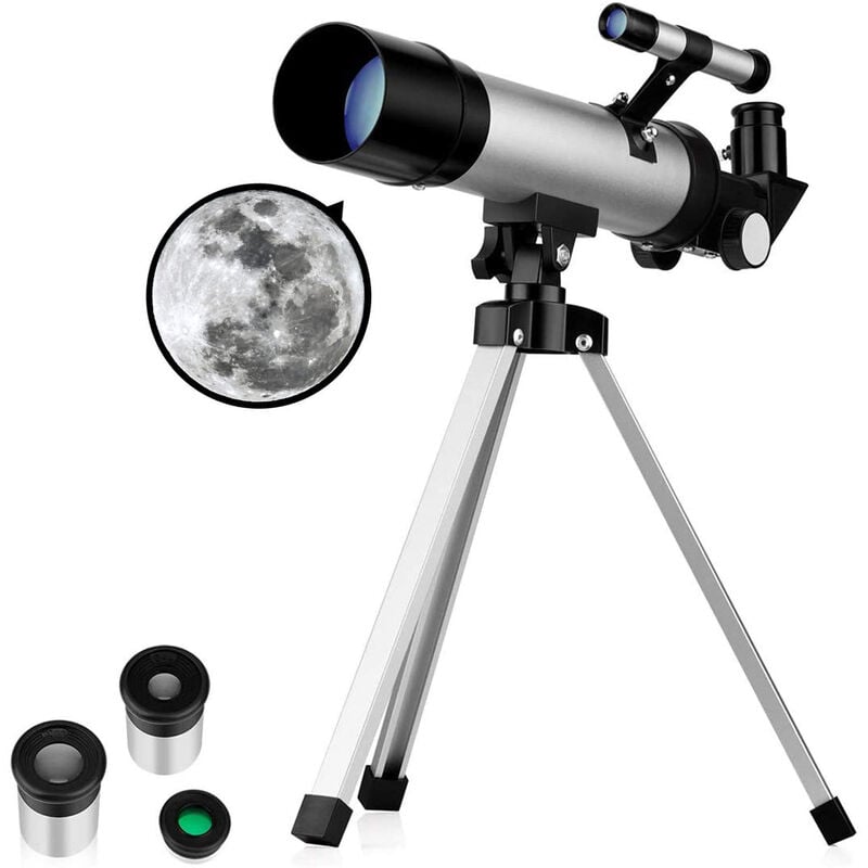 Telescopio para niños, telescopio astronómico Zoom 90X HD Telescopio educativo para exteriores con trípode 360/50 mm Telescopio terrestre para niños principiantes (Plata)