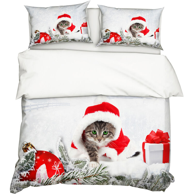 3 unids/set estilo navideño 3D gato estampado patrón funda nórdica con 2 uds fundas de almohada juego de cama ropa de cama decoración de dormitorio,150x200