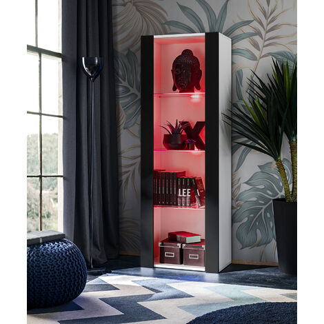Komodee Vitrine Armoire Tivoli, Blanc/Noir, Largeur 55cm x Hauteur 159cm x Profondeur 35cm, LED RGB, 3 étagères, pour Salon, Chambre, Entrée