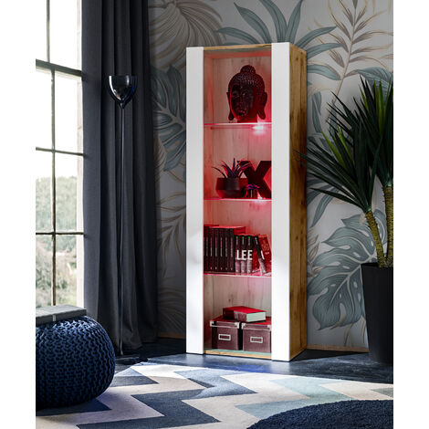 Komodee Vitrine Armoire Tivoli, Wotan/Blanc, Largeur 55cm x Hauteur 159cm x Profondeur 35cm, LED RGB, 3 étagères, pour Salon, Chambre, Entrée