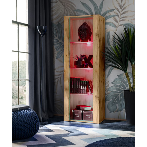 Komodee Vitrine Armoire Tivoli, Wotan/Wotan, Largeur 55cm x Hauteur 159cm x Profondeur 35cm, LED RGB, 3 étagères, pour Salon, Chambre, Entrée