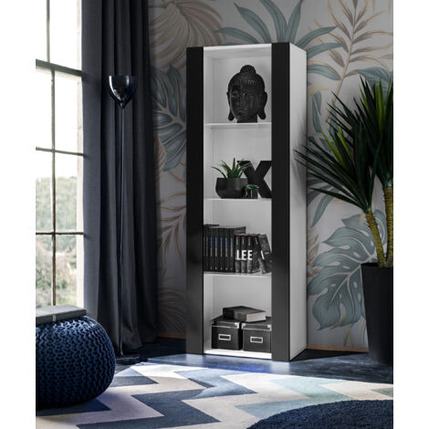 Vitrine armoire Tivoli – Blanc/Noir – 3 étagères en verre – Largeur 55cm x Hauteur 159cm x Profondeur 35cm – Panneaux laminés résistants