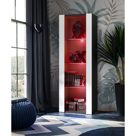 Komodee Vitrine Armoire Tivoli, Noir/Blanc, Largeur 55cm x Hauteur 159cm x Profondeur 35cm, LED RGB, 3 étagères, pour Salon, Chambre, Entrée