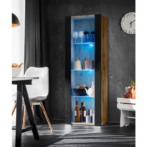 Vitrine armoire Tivoli Wotan/noir 55cm x 159cm x 35cm – 3 étagères en verre – Éclairage LED bleu – Pour salon, chambre, entrée