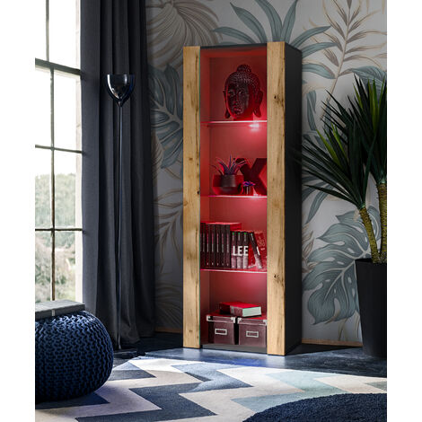 Komodee Vitrine Armoire Tivoli, Noir/Wotan, Largeur 55cm x Hauteur 159cm x Profondeur 35cm, LED RGB, 3 étagères, pour Salon, Chambre, Entrée