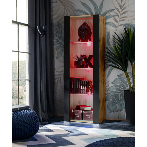Komodee Vitrine Armoire Tivoli, Wotan/Noir, Largeur 55cm x Hauteur 159cm x Profondeur 35cm, LED RGB, 3 étagères, pour Salon, Chambre, Entrée