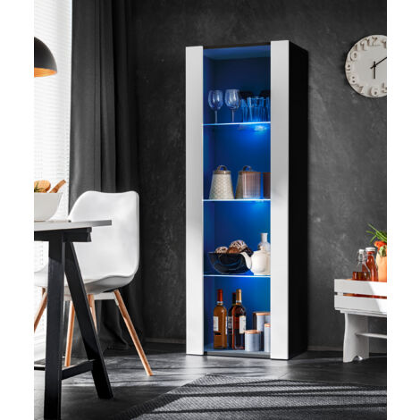 Komodee Vitrine Armoire Tivoli, Noir/Blanc, Largeur 55cm x Hauteur 159cm x Profondeur 35cm, LED Bleu, 3 étagères, pour Salon, Chambre, Entrée
