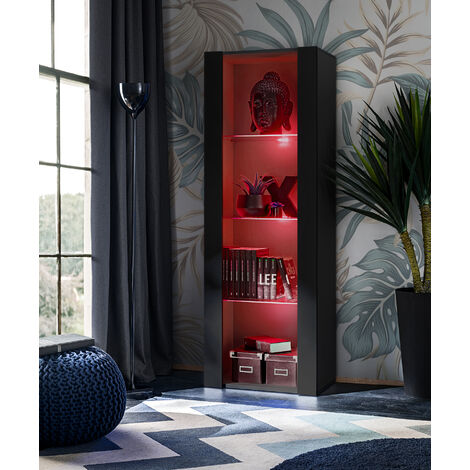 Vitrine armoire Tivoli – Noir – 3 étagères en verre – Éclairage LED RGB – Largeur 55cm x Hauteur 159cm x Profondeur 35cm