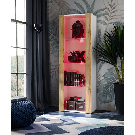 Komodee Vitrine Armoire Tivoli, Blanc/Wotan, Largeur 55cm x Hauteur 159cm x Profondeur 35cm, LED RGB, 3 étagères, pour Salon, Chambre, Entrée