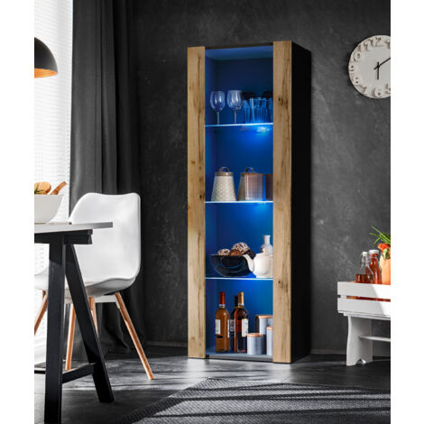 Vitrine armoire Tivoli – Noir/Wotan – 3 étagères en verre – Dimensions 55cm x 159cm x 35cm – Éclairage LED bleu en option – Design italien