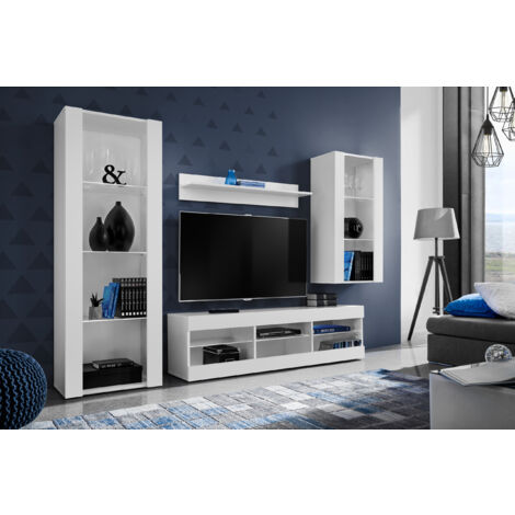 Komodee Ensemble de Meubles Tivoli Medio, Blanc/Blanc, Largeur 245cm x Hauteur 159cm x Profondeur 35cm, sans LED, 3 étagères, pour Salon, Chambre, Entrée