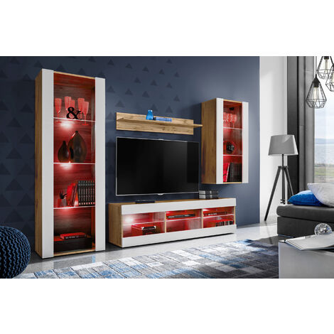 Komodee Ensemble de Meubles Tivoli Medio, Wotan/Blanc, Largeur 245cm x Hauteur 159cm x Profondeur 35cm, LED RGB, 3 étagères, pour Salon, Chambre, Entrée