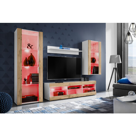 Komodee Ensemble de Meubles Tivoli Medio, Blanc/Wotan, Largeur 245cm x Hauteur 159cm x Profondeur 35cm, LED RGB, 3 étagères, pour Salon, Chambre, Entrée