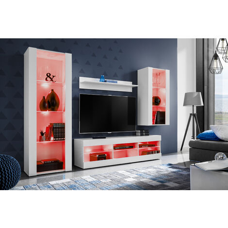 Komodee Ensemble de Meubles Tivoli Medio, Blanc/Blanc, Largeur 245cm x Hauteur 159cm x Profondeur 35cm, LED RGB, 3 étagères, pour Salon, Chambre, Entrée
