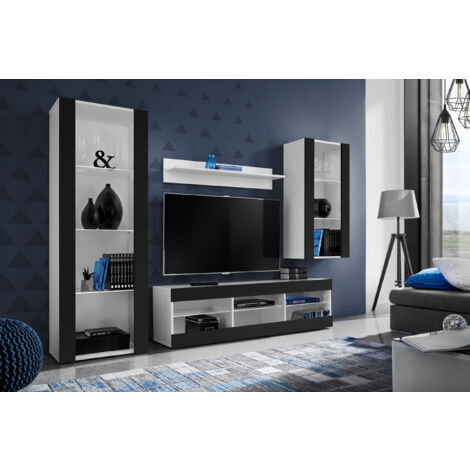 Komodee Ensemble de Meubles Tivoli Medio, Blanc/Noir, Largeur 245cm x Hauteur 159cm x Profondeur 35cm, sans LED, 3 étagères, pour Salon, Chambre, Entrée