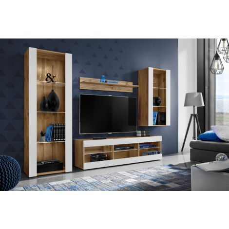Komodee Ensemble de Meubles Tivoli Medio, Wotan/Blanc, Largeur 245cm x Hauteur 159cm x Profondeur 35cm, sans LED, 3 étagères, pour Salon, Chambre, Entrée