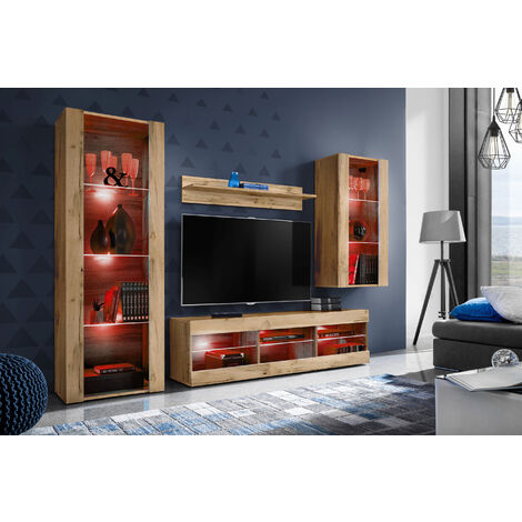 Komodee Ensemble de Meubles Tivoli Medio, Wotan/Wotan, Largeur 245cm x Hauteur 159cm x Profondeur 35cm, LED RGB, 3 étagères, pour Salon, Chambre, Entrée