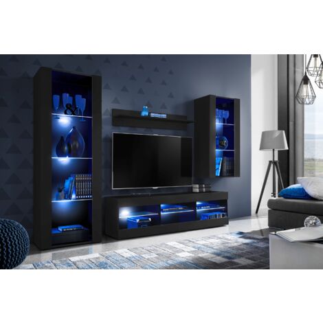 Komodee Ensemble de Meubles Tivoli Medio, Noir/Noir, Largeur 245cm x Hauteur 159cm x Profondeur 35cm, LED Blu, 3 étagères, pour Salon, Chambre, Entrée
